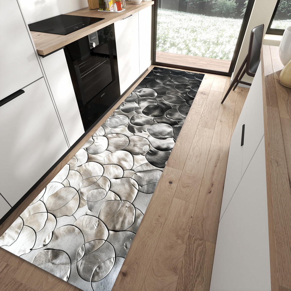 Komfortabler Küchenteppich mit Motiv Metallic Schuppen in moderner Küche