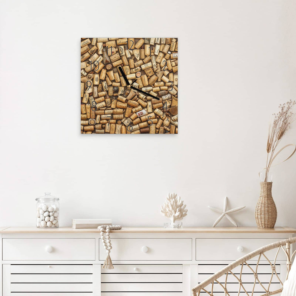 Wanduhr Weinkorken von oben aus Glas – Quadratisch 30 × 30 cm – Dicht gereihte Weinkorken von oben
