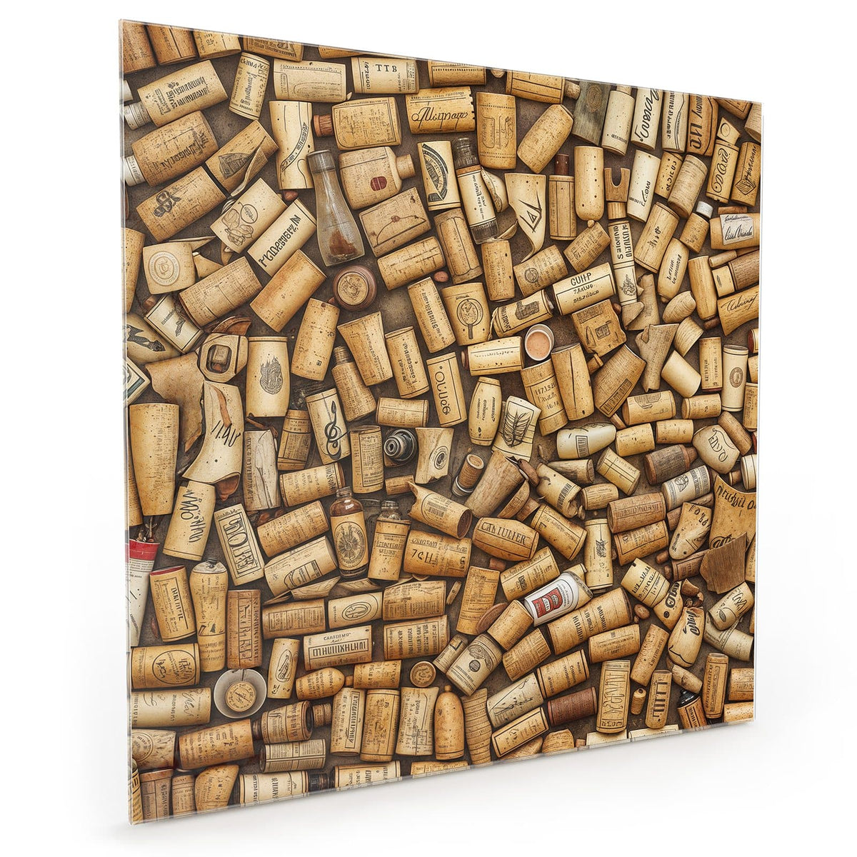 Küchenrückwand aus Glas im quadratischen Format: Dicht liegende Weinkorken mit Aufdrucken, von oben fotografiert #grösse_40 x 40 cm #grösse_50 x 50 cm #grösse_60 x 60 cm
