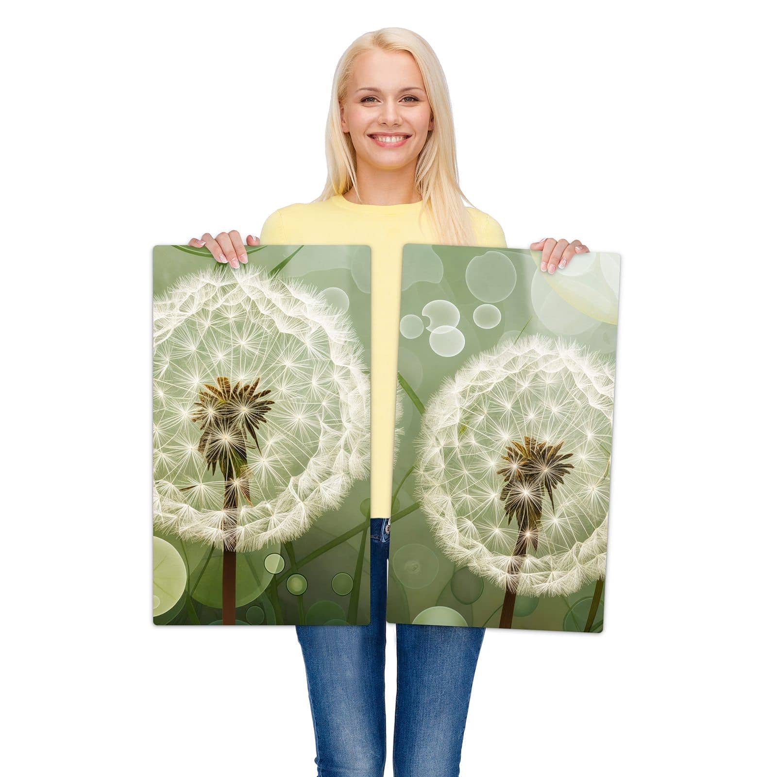 2-teilige Glasplatte für Herd mit Zarte Löwenzahnblüten-Motiv wird zur Größendarstellung gehalten