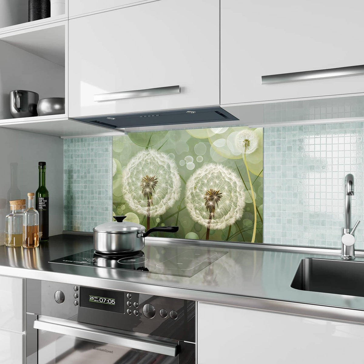 Küchenrückwand aus Glas Zwei Pusteblumen im Hochformat als Spritzschutz hinter dem Kochfeld, über dem Fliesenspiegel montiert
