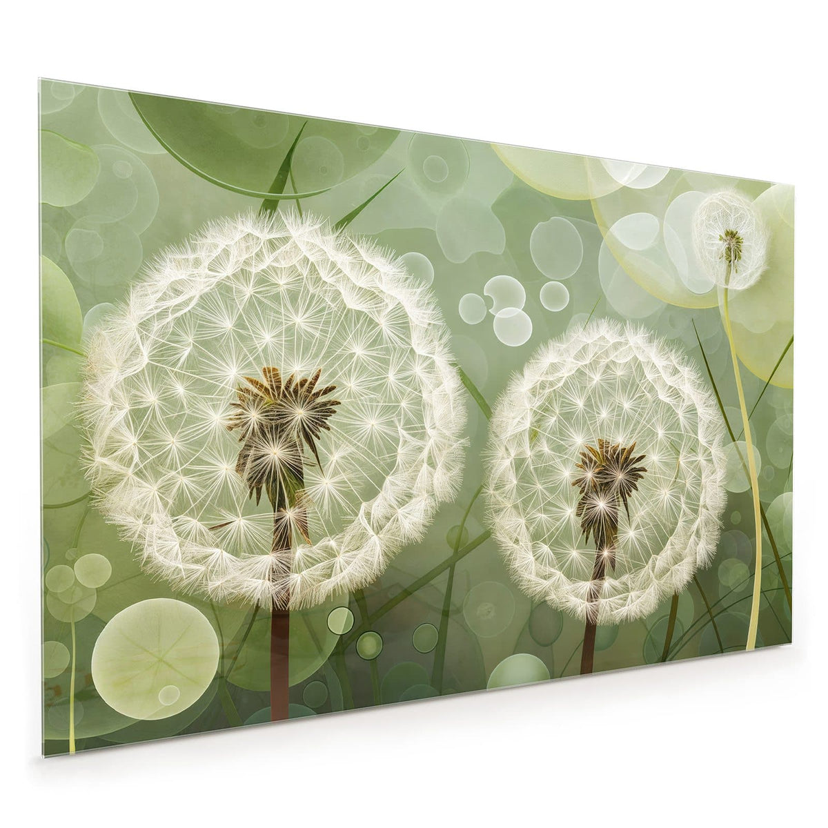 Küchenrückwand aus Glas im Hochformat: Zwei große Pusteblumen vor grafisch grünem Bokeh-Hintergrund