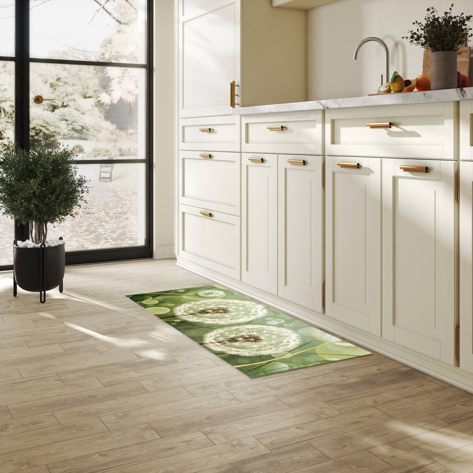 Hygienischer Bodenläufer Teppich mit Motiv Löwenzahnzarte Blüten in heller Küche