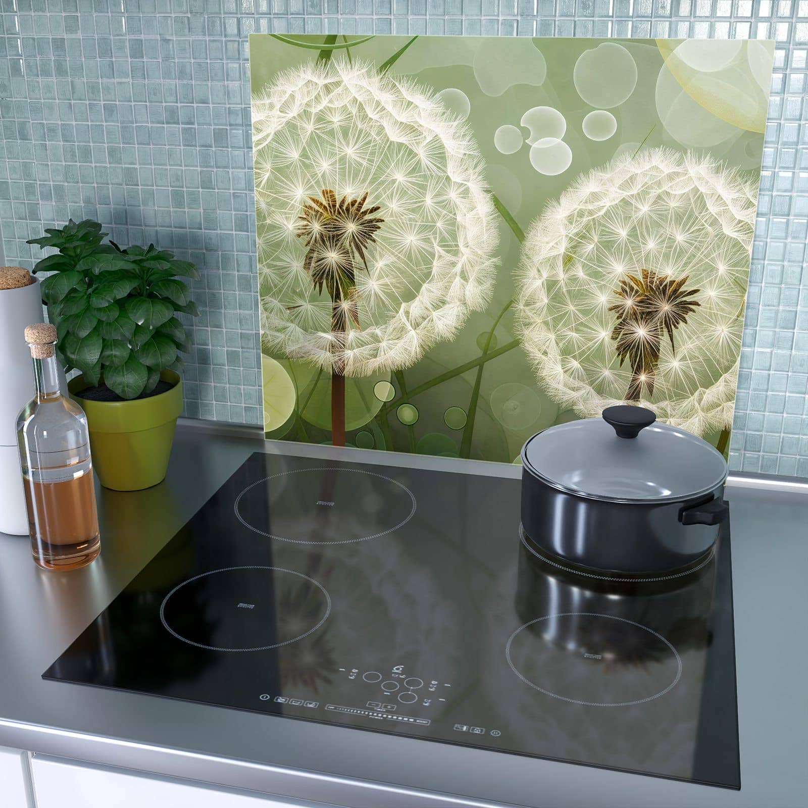 1-teilige Herdabdeckplatte aus Glas mit Zarte Löwenzahnblüten-Motiv als Spritzschutz hinter dem Kochfeld