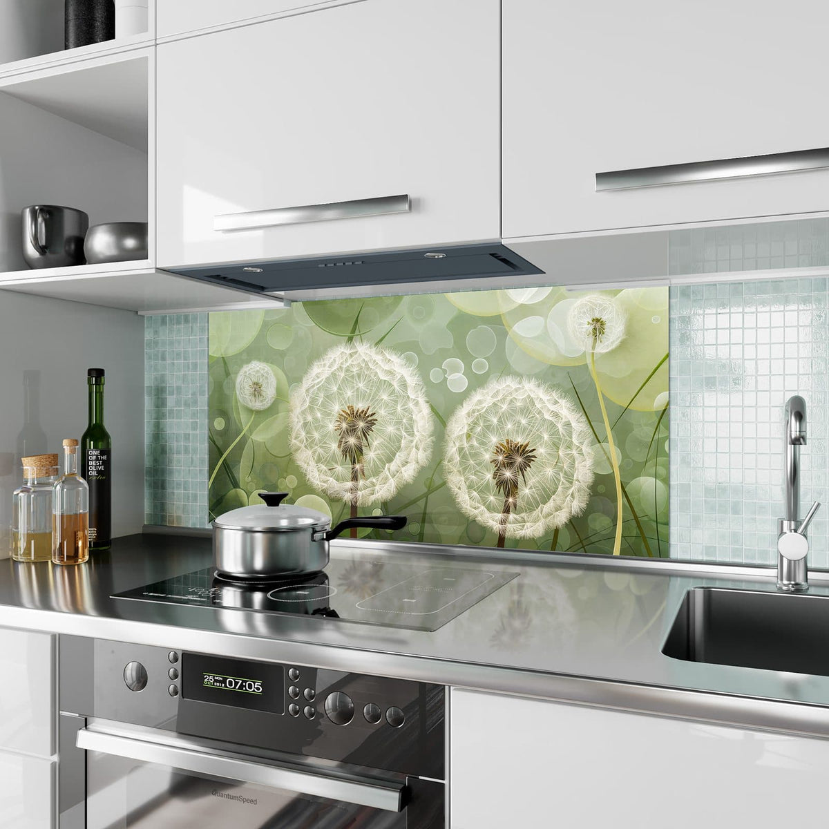Küchenrückwand aus Glas Zwei Pusteblumen im Hochformat als Spritzschutz hinter dem Kochfeld, über dem Fliesenspiegel montiert
