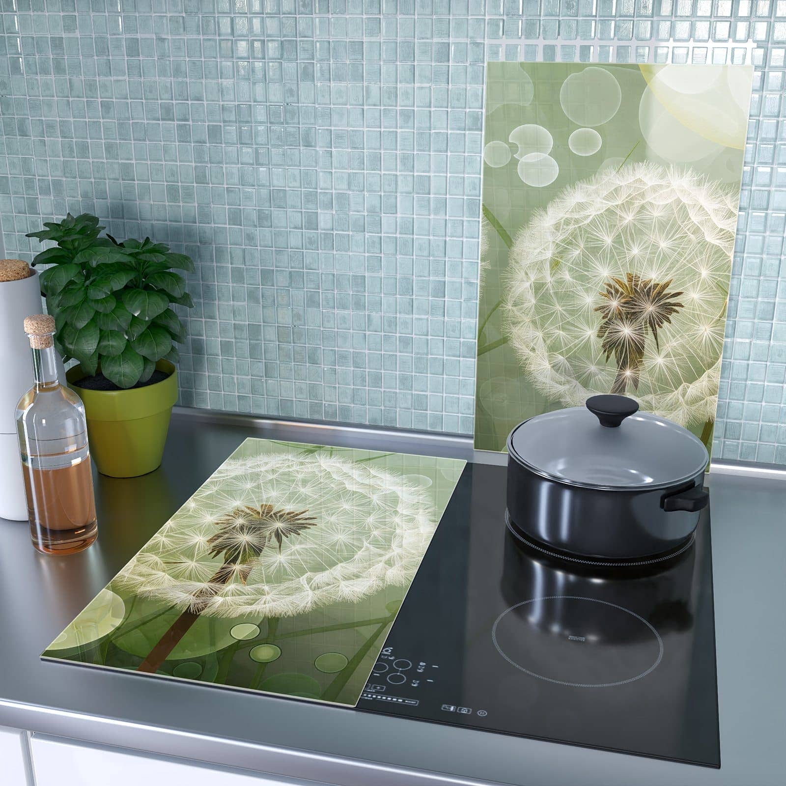2-teilige Herdabdeckplatten mit Zarte Löwenzahnblüten-Motiv als Spritzschutz hinter dem Kochfeld