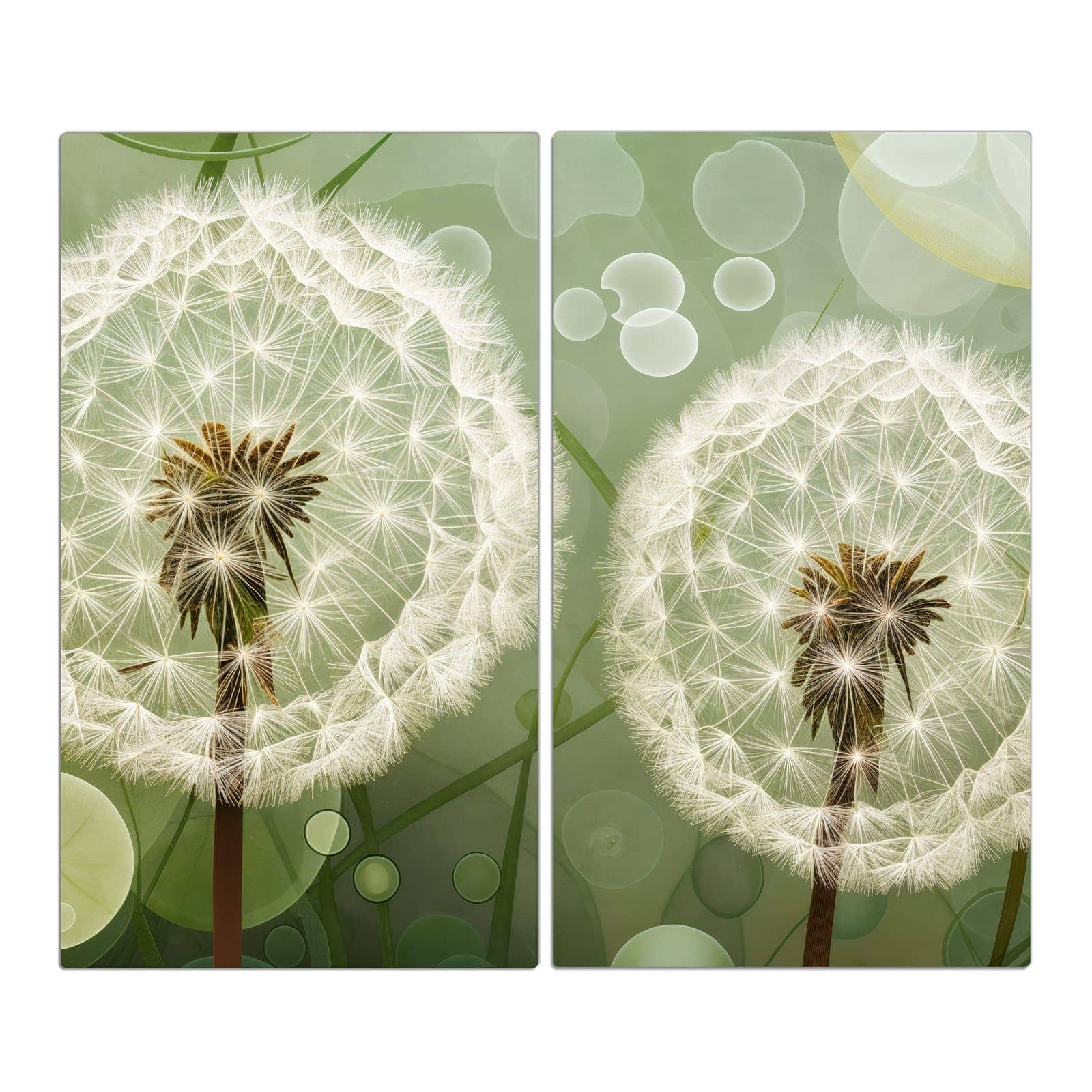 2-teilige Herdabdeckplatte zum Herd abdecken mit Zarte Löwenzahnblüten-Motiv in der Frontansicht #grösse_2-Teilig (60x52cm)