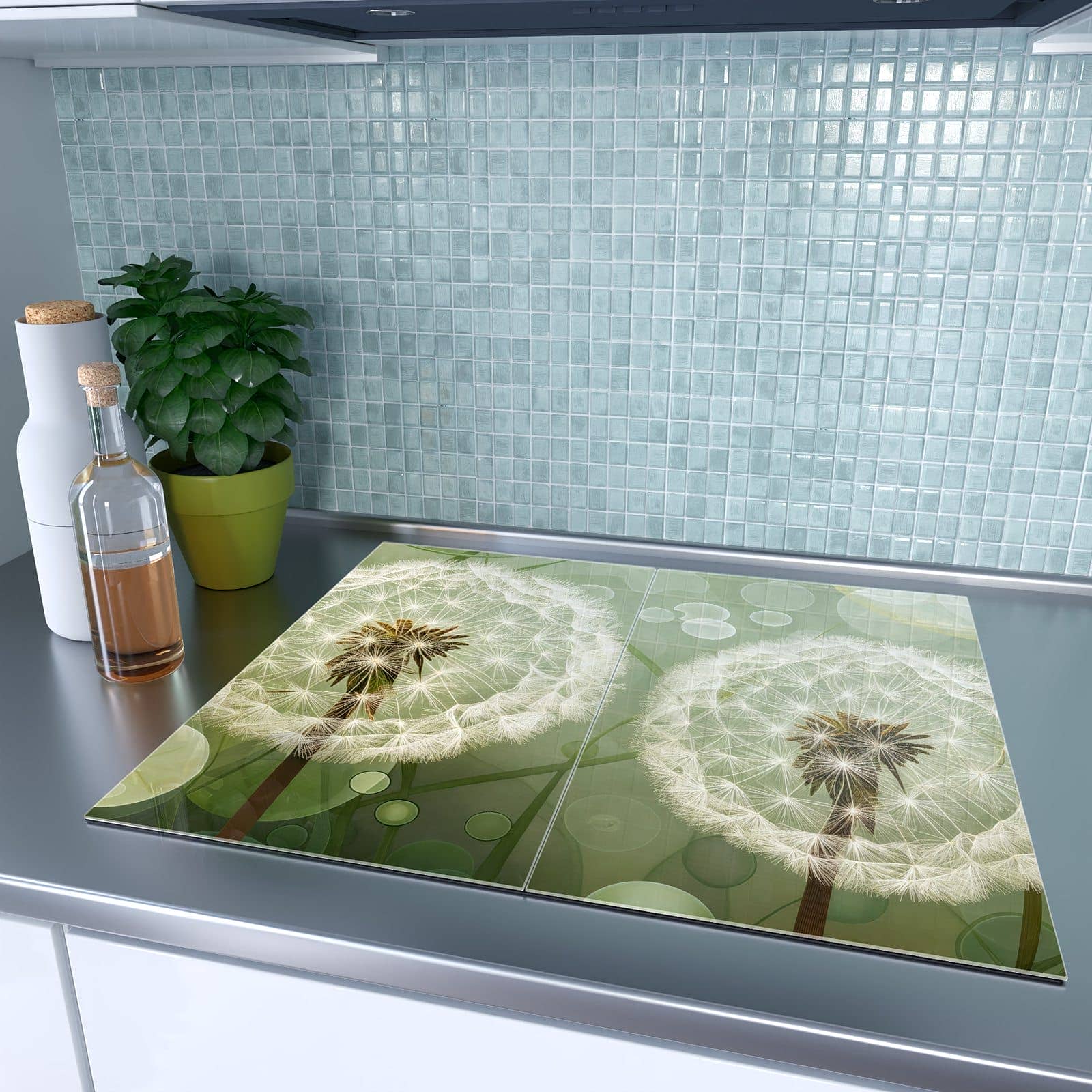 2-teilige Herdabdeckplatte mit Zarte Löwenzahnblüten-Motiv auf dem Ceranfeld