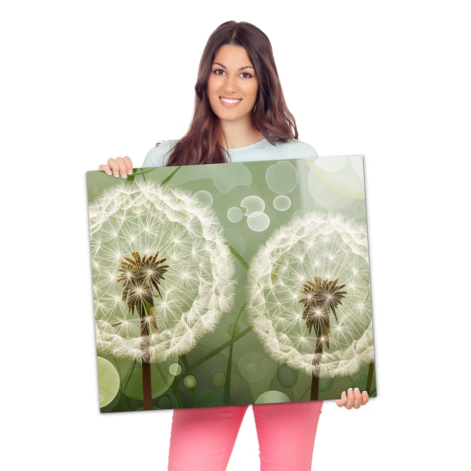 Herdabdeckplatte mit Zarte Löwenzahnblüten-Motiv wird zur Größendarstellung gehalten