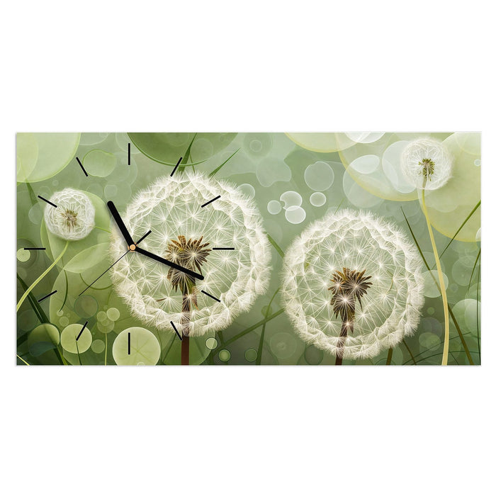 Wanduhr Zarte Löwenzahnblüten aus Glas – Querformat 60 × 30 cm mit Ziffernblatt Linie