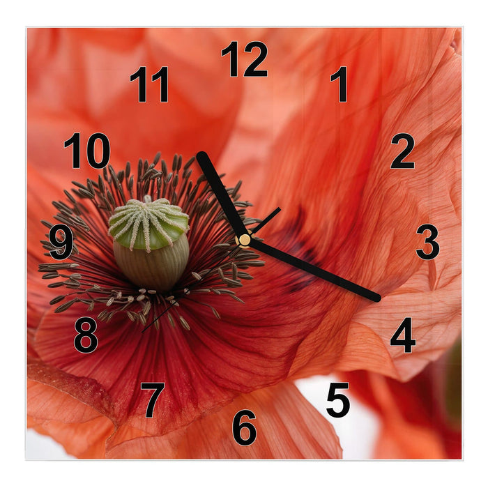 Wanduhr Mohnblüten aus Glas – Quadratisch 30 × 30 cm mit Ziffernblatt Modern