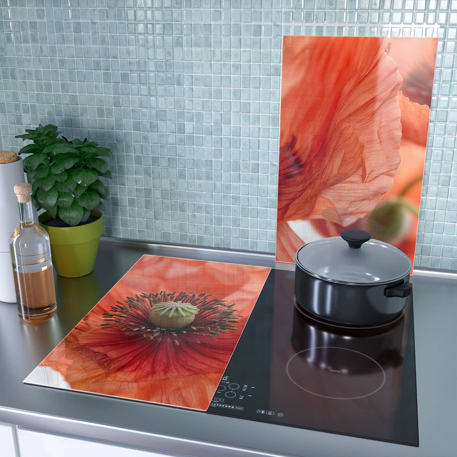 2-teilige Abdeckplatten mit Mohnblüten-Motiv als Spritzschutz hinter dem Kochfeld