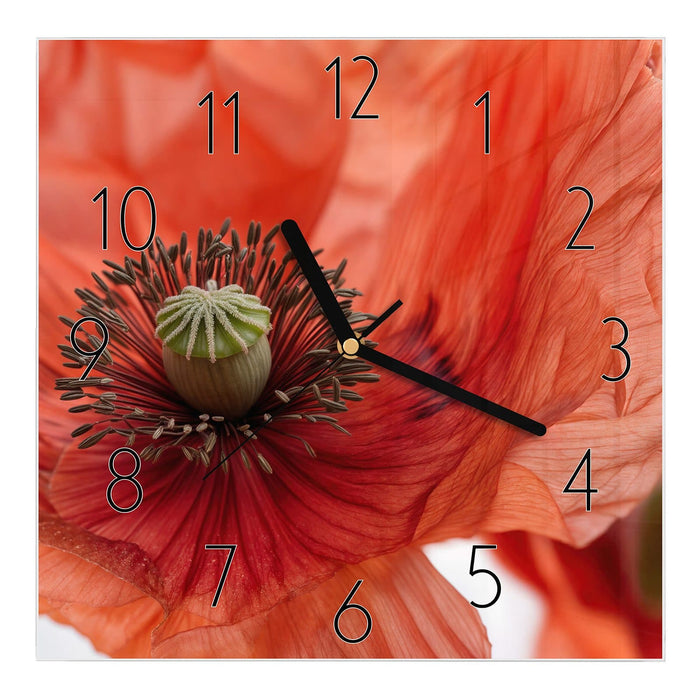 Wanduhr Mohnblüten aus Glas – Quadratisch 30 × 30 cm mit Ziffernblatt Elegant