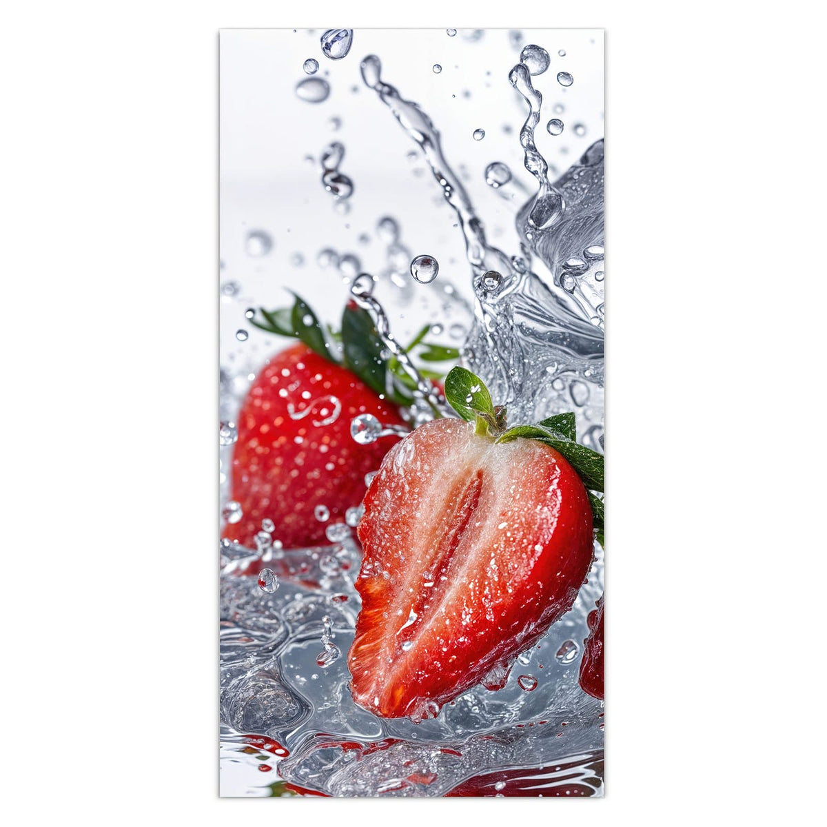 Erdbeeren, eine davon halbiert, mit Eiswürfeln im aufspritzenden Wasser vor Weiß