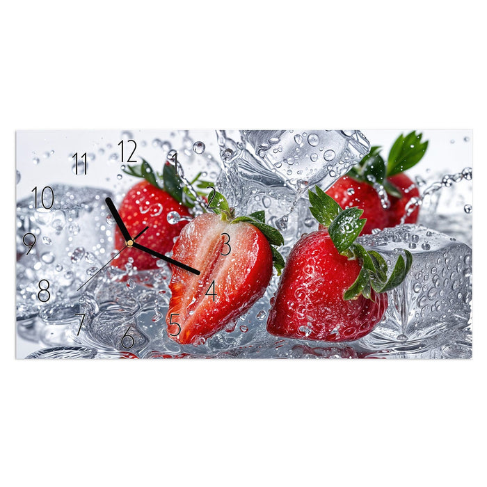 Wanduhr Erdbeeren im Wasser aus Glas – Querformat 60 × 30 cm mit Ziffernblatt Elegant