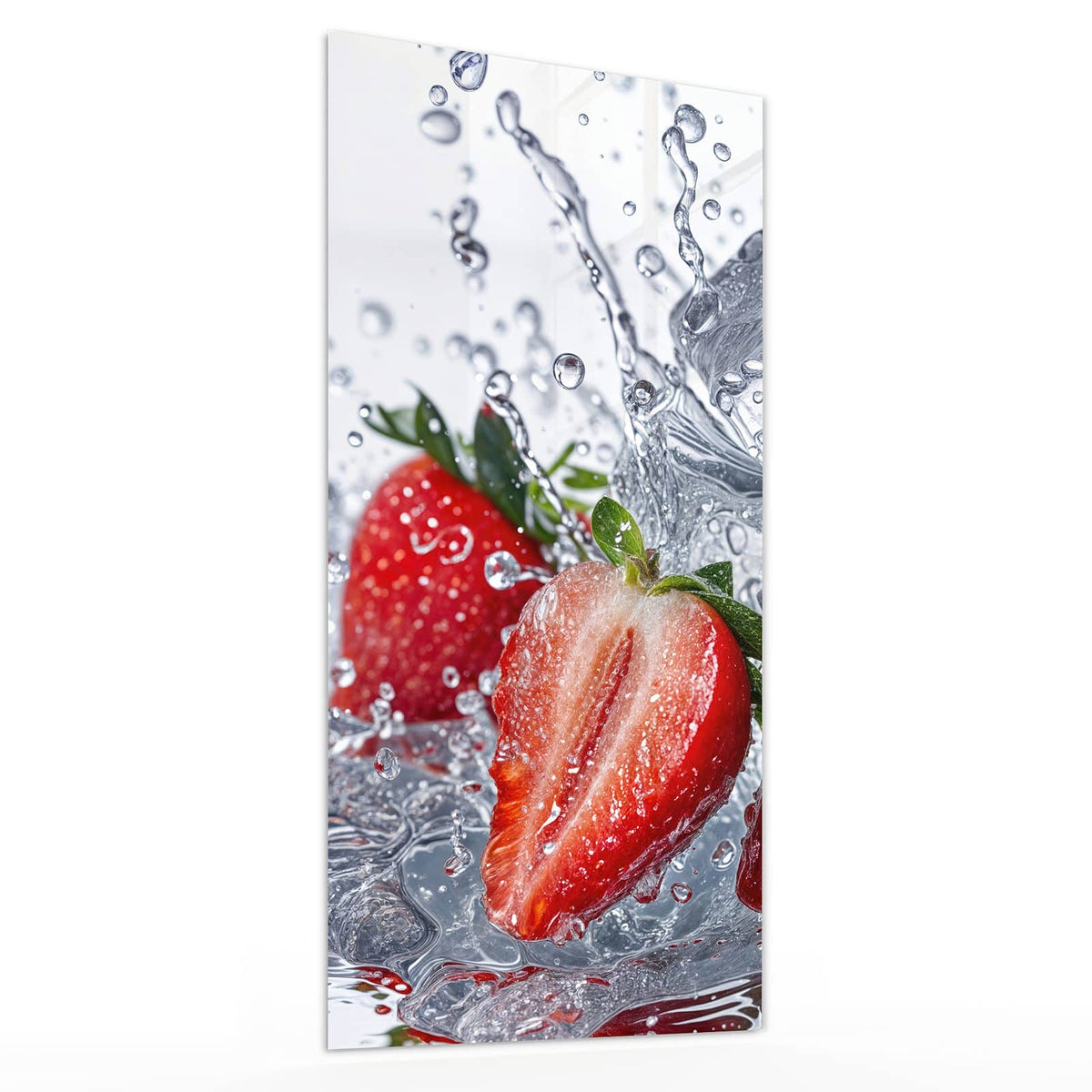 Glasbild Erdbeeren auf Eis von der Seite, 4 mm Echtglas