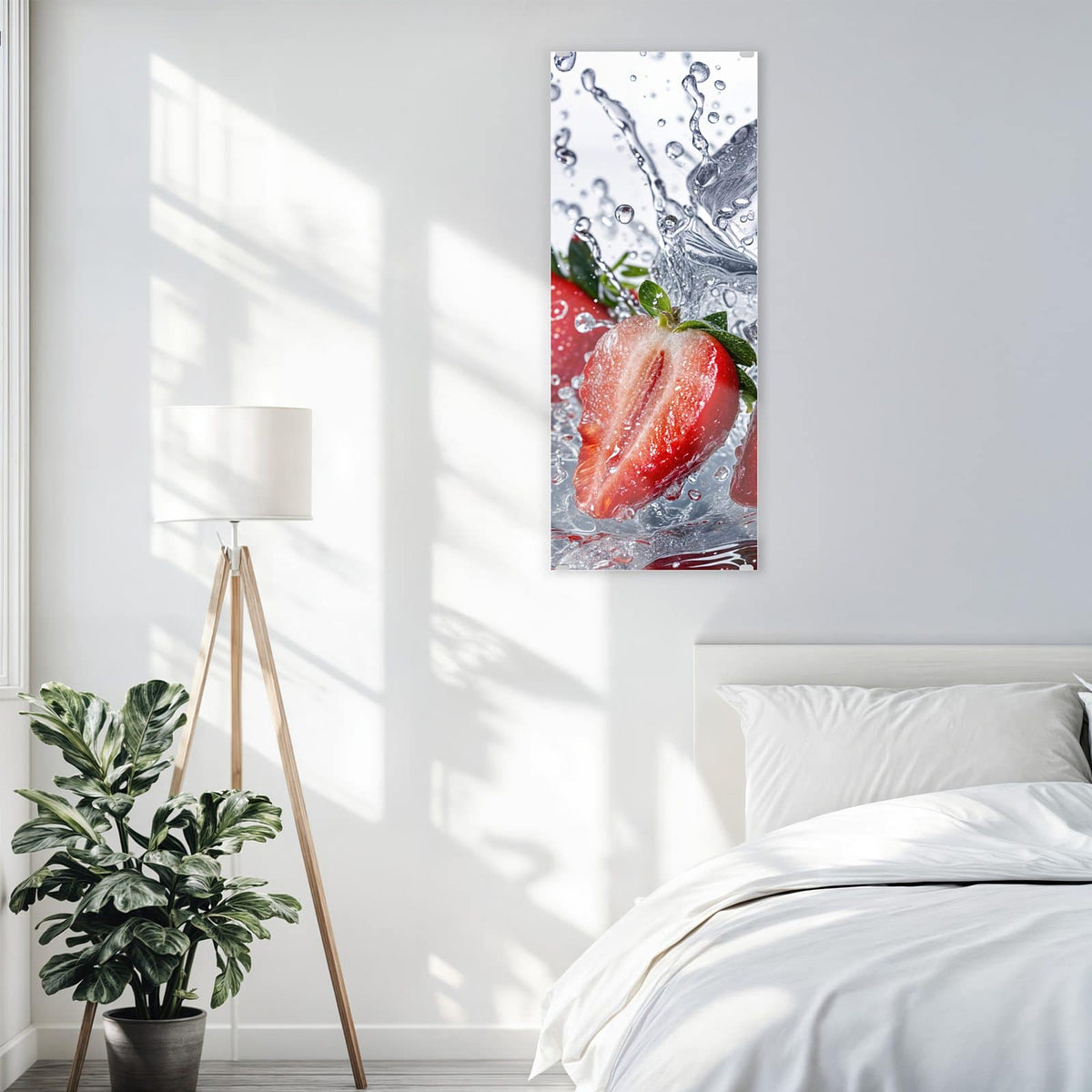 Glasbild Erdbeeren auf Eis an der Wand – Erdbeeren, eine davon halbiert, mit Eiswürfeln im aufspritzenden Wasser vor Weiß
