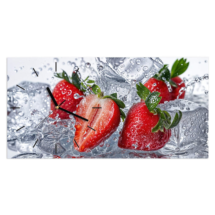 Wanduhr Erdbeeren im Wasser aus Glas – Querformat 60 × 30 cm mit Ziffernblatt Linie