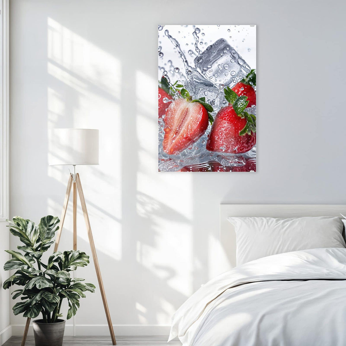 Glasbild Erdbeeren auf Eis an der Wand – Erdbeeren, eine davon halbiert, mit Eiswürfeln im aufspritzenden Wasser vor Weiß