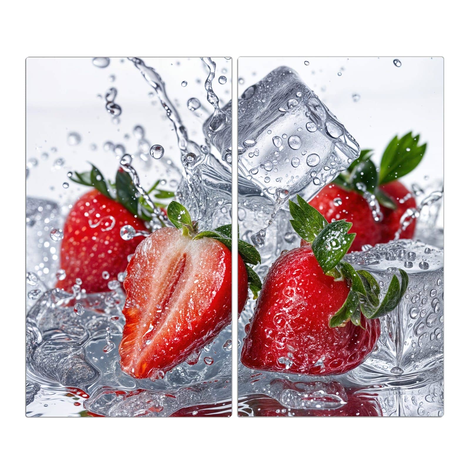 2-teilige Abdeckplatte für Induktionsherd mit Erdbeeren im Wasser-Motiv in der Frontansicht #grösse_2-Teilig (60x52cm)