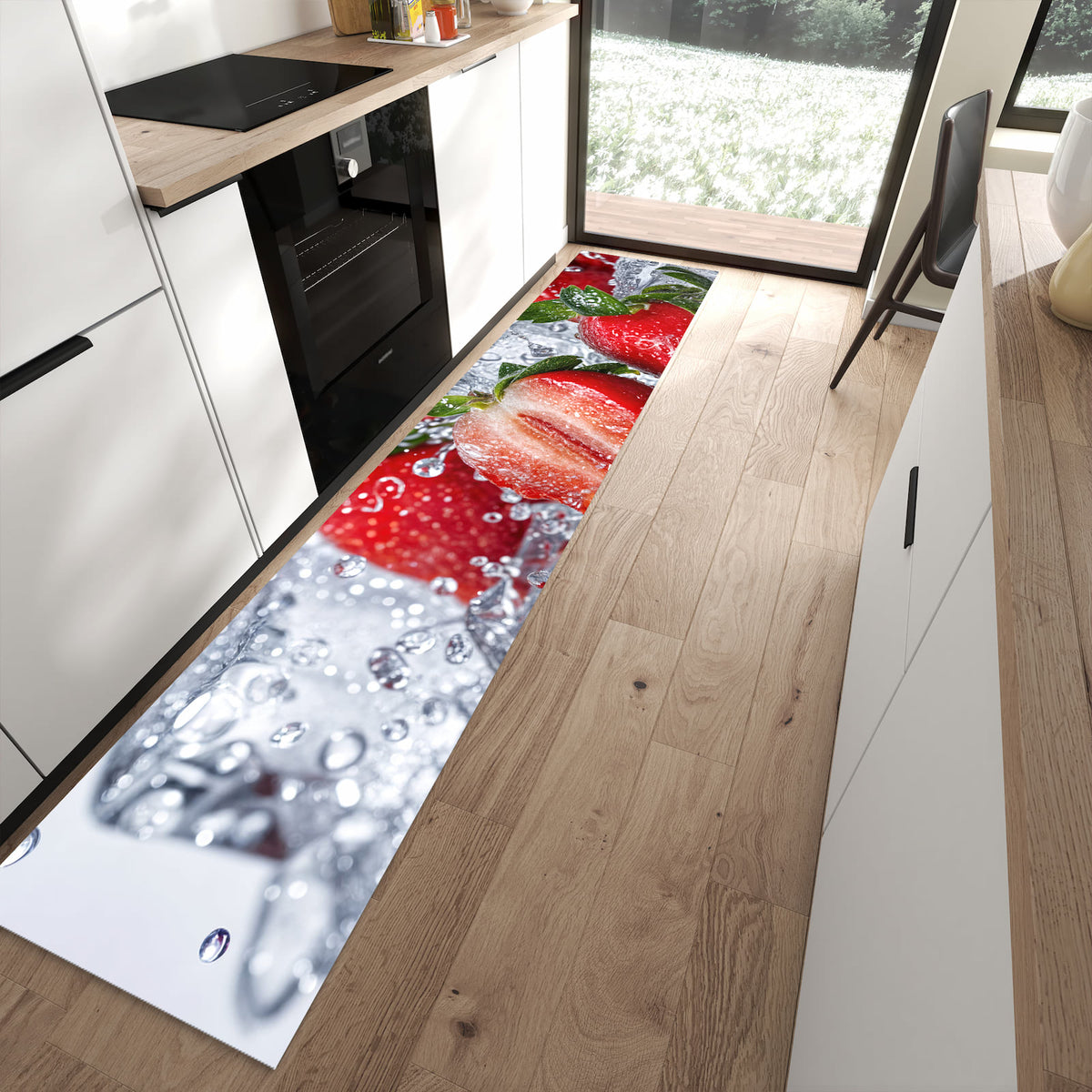 UV-beständiger abwaschbarer Küchenläufer mit Motiv Erdbeeren im Wasser in moderner Küche