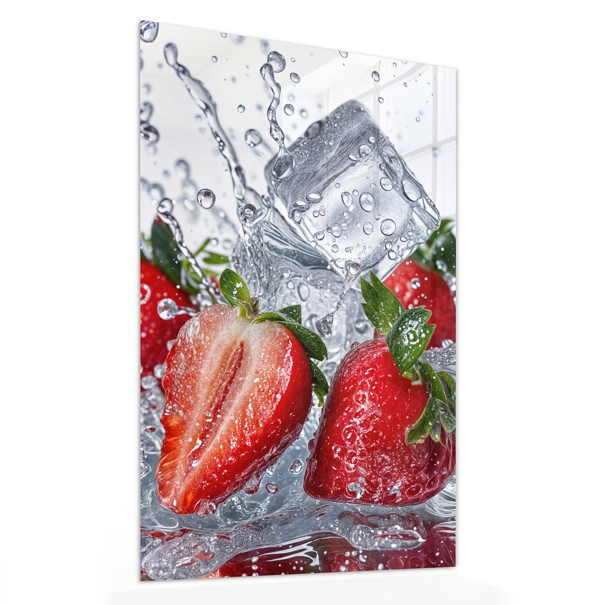 Glasbild Erdbeeren auf Eis von der Seite, 4 mm Echtglas
