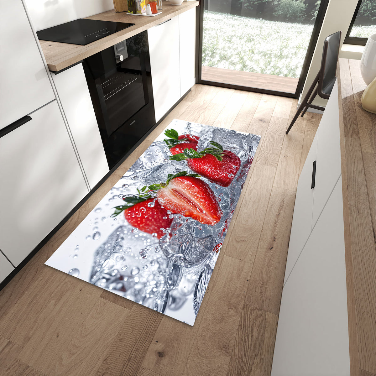 Langlebiger Küchenteppich mit Motiv Erdbeeren im Wasser in moderner Küche
