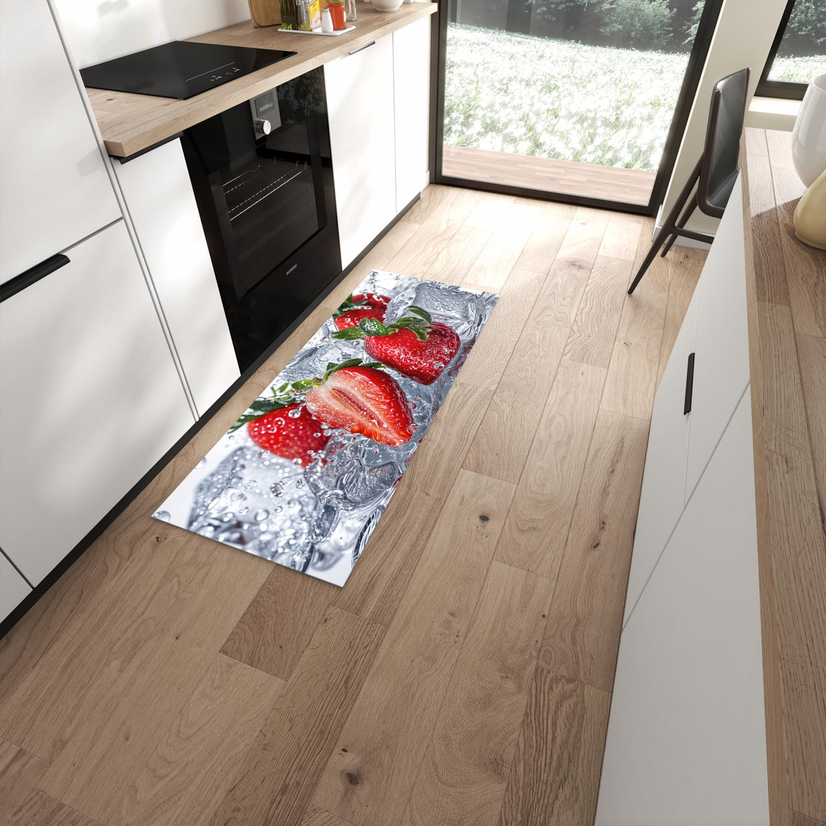 Sicherer Küchenläufer mit Motiv Erdbeeren im Wasser in moderner Küche #grösse_60 x 150 cm