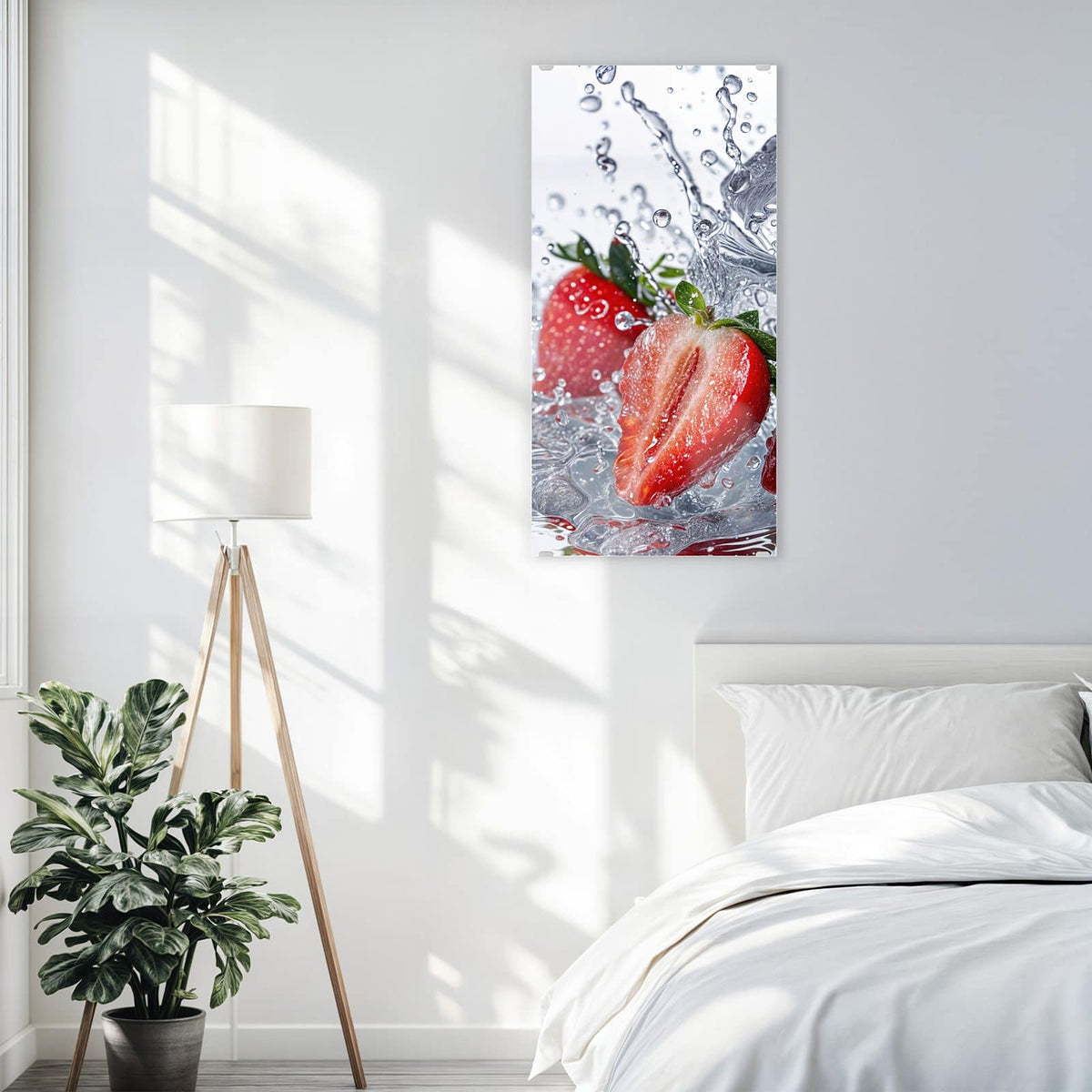 Glasbild Erdbeeren auf Eis an der Wand – Erdbeeren, eine davon halbiert, mit Eiswürfeln im aufspritzenden Wasser vor Weiß