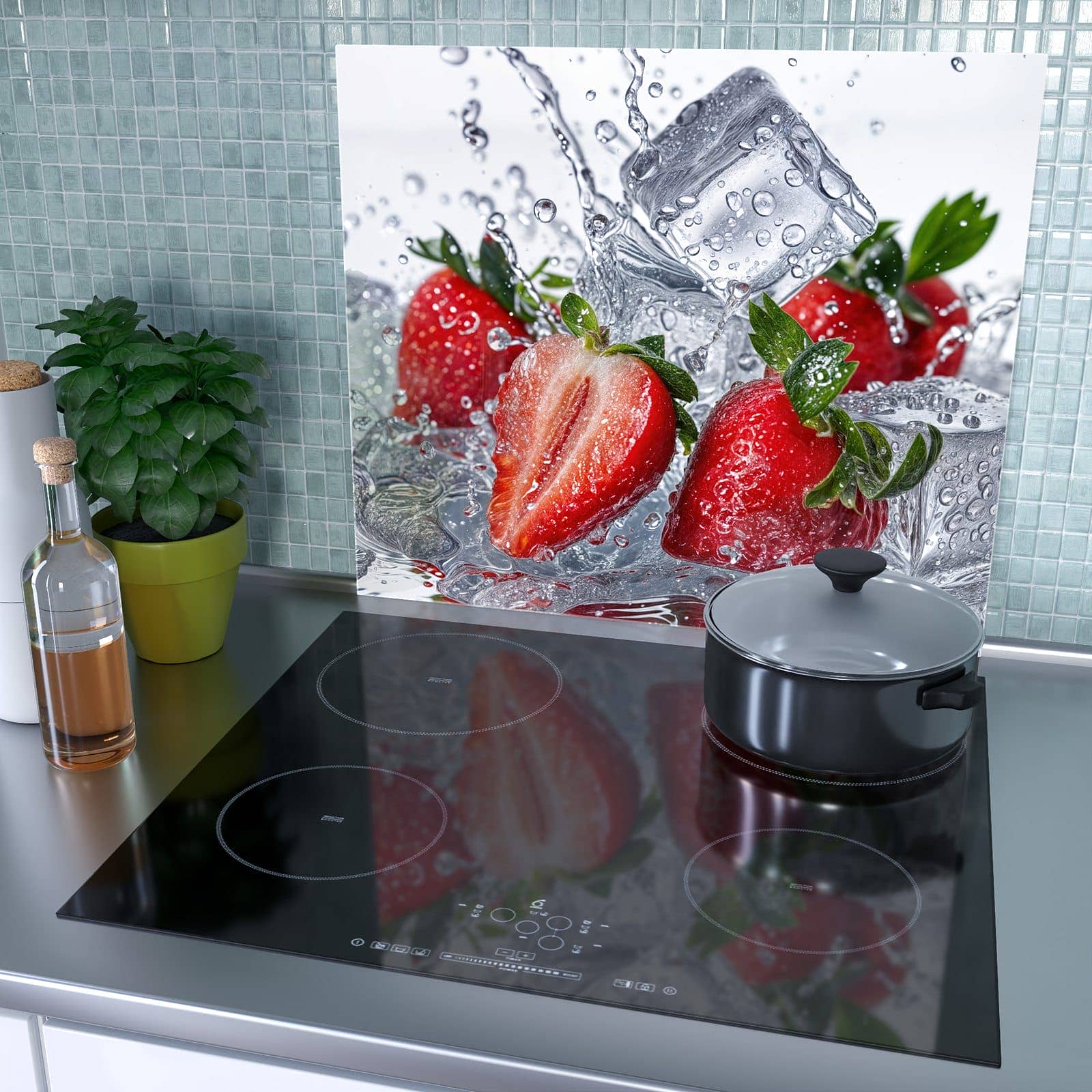1-teilige Abdeckung für Herdplatten mit Erdbeeren im Wasser-Motiv als Spritzschutz hinter dem Kochfeld