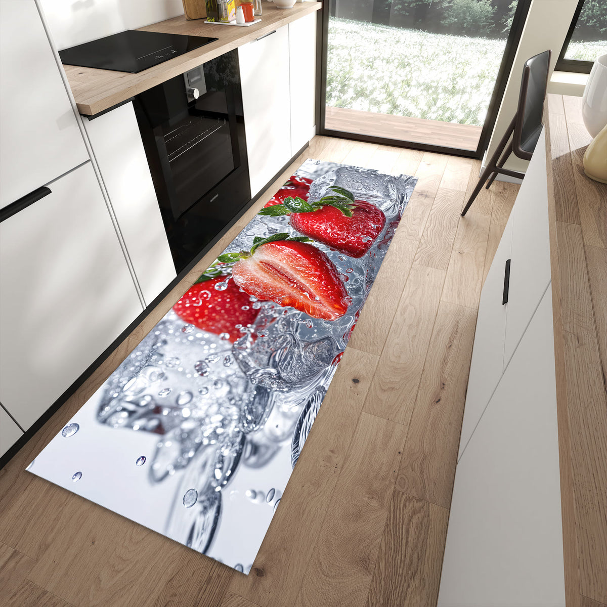 Fleckenresistenter Küchenteppich mit Motiv Erdbeeren im Wasser in moderner Küche
