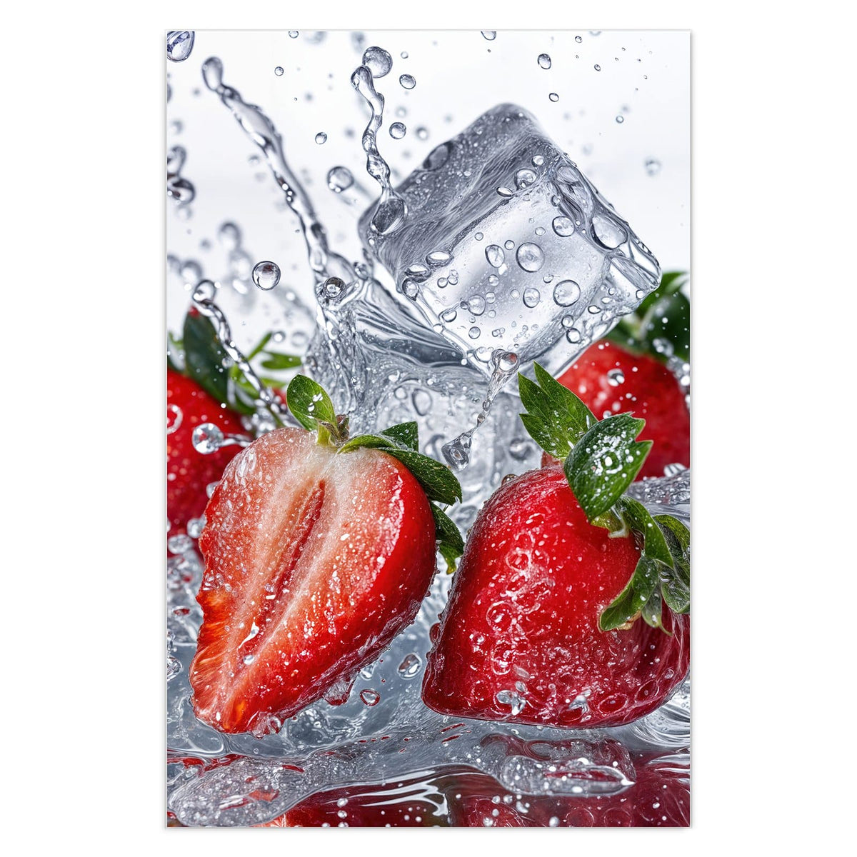 Erdbeeren, eine davon halbiert, mit Eiswürfeln im aufspritzenden Wasser vor Weiß
