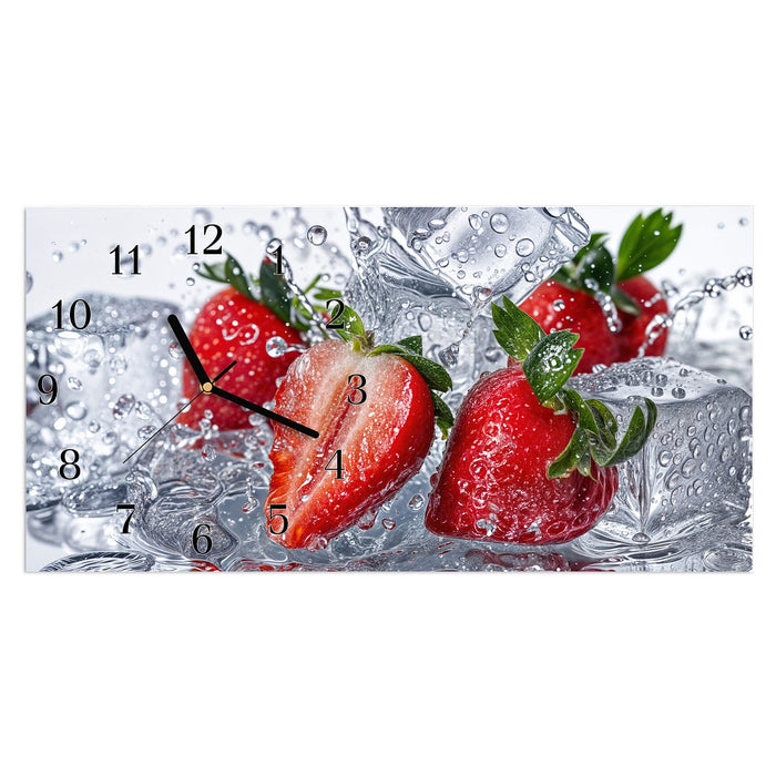Wanduhr Erdbeeren im Wasser aus Glas – Querformat 60 × 30 cm mit Ziffernblatt Klassisch