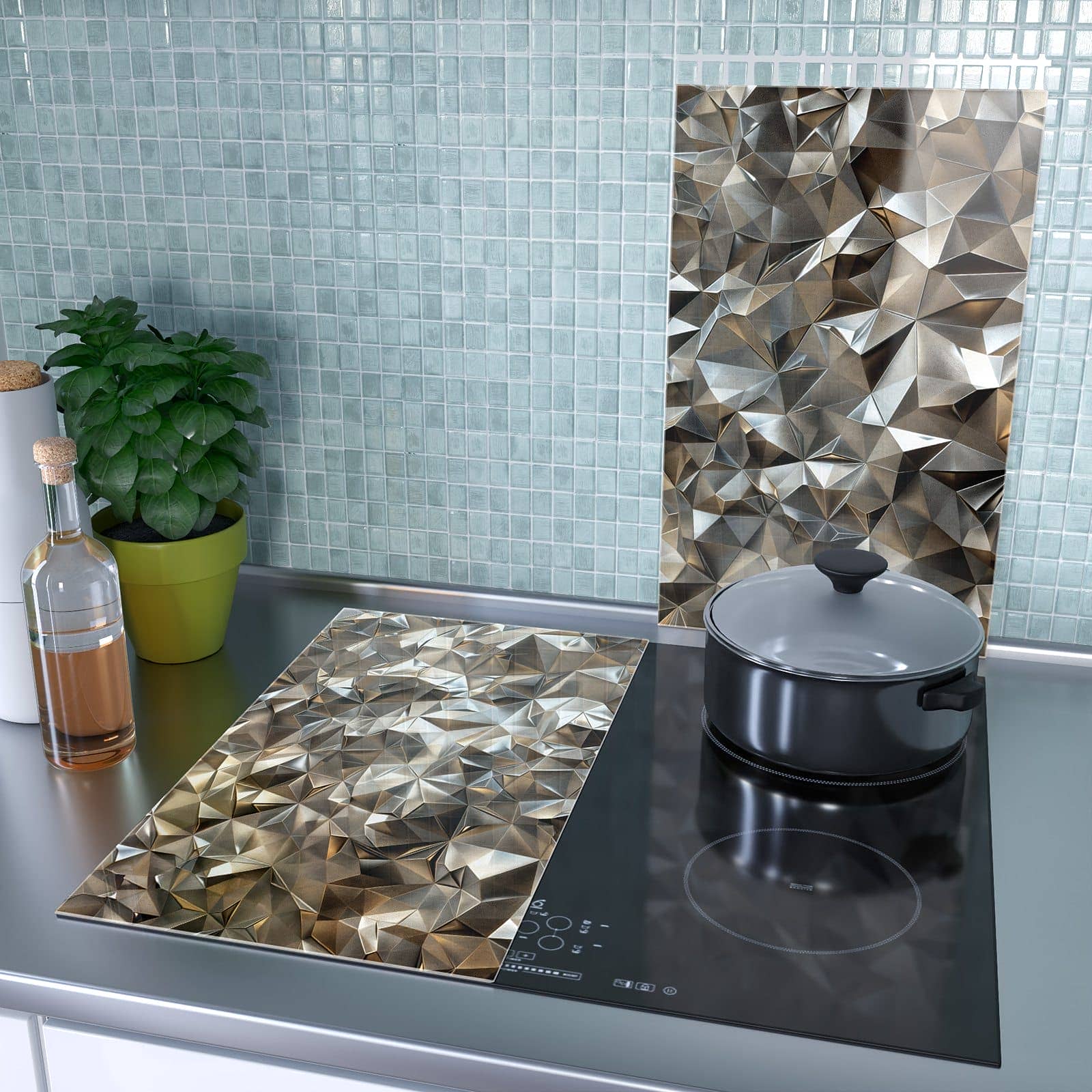 2-teilige Herdabdeckung mit Geometrisches Muster-Motiv als Spritzschutz hinter dem Kochfeld