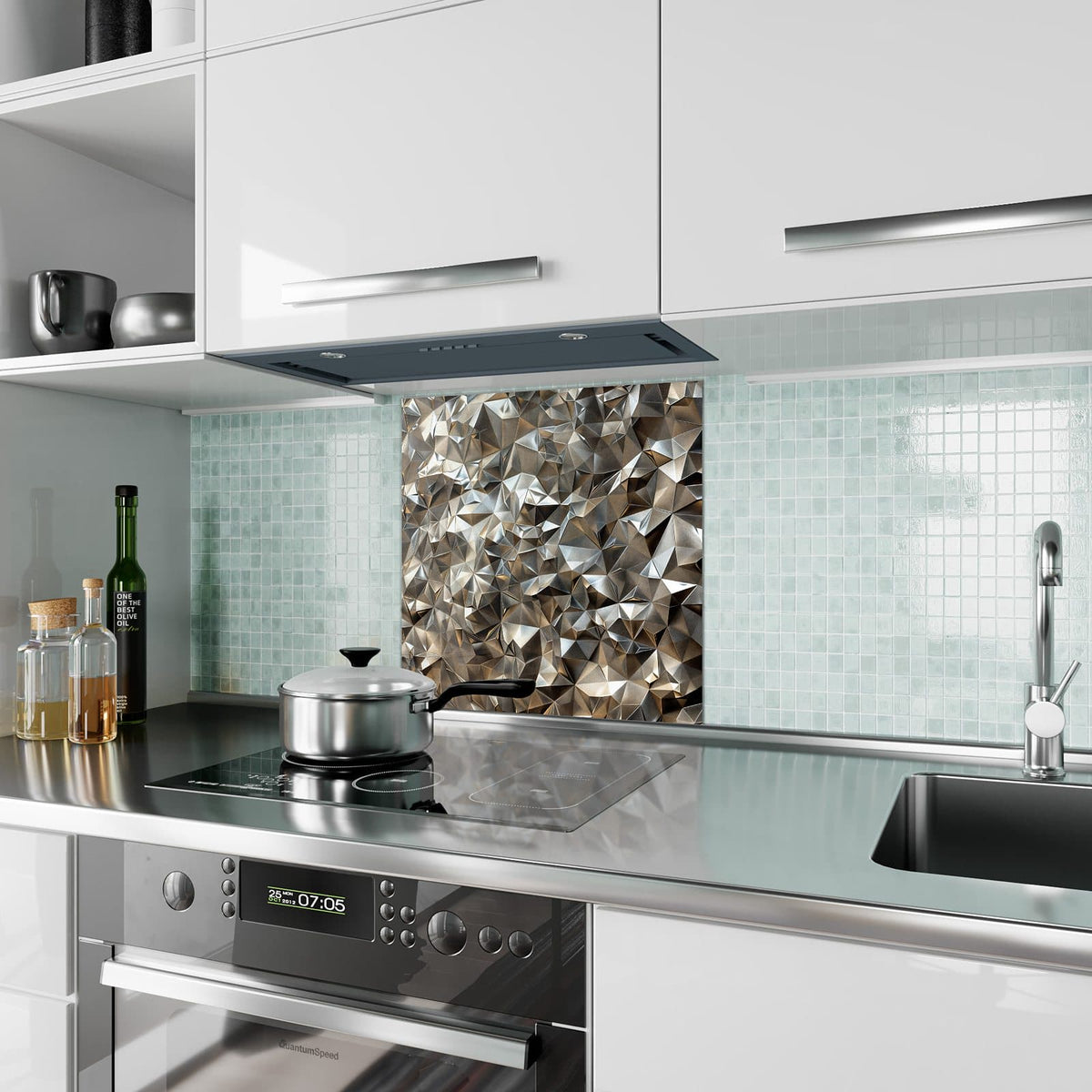 Küchenrückwand Facetten in Silber aus Glas – Facettierte Formen mit Metallschimmer