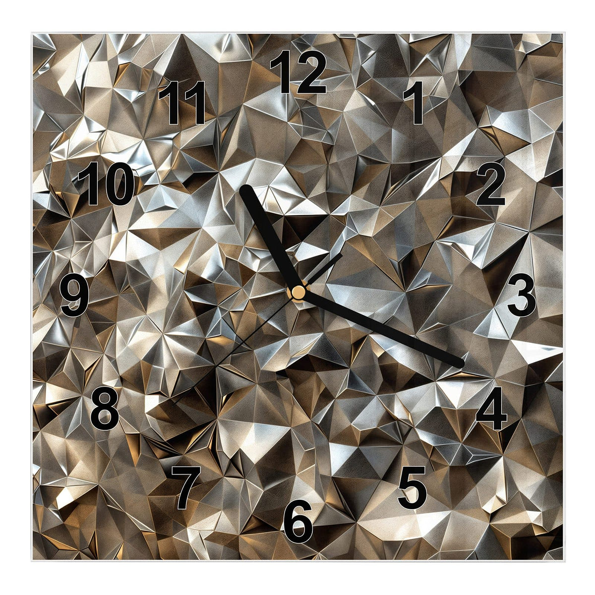 Wanduhr aus Glas, Ziffernblatt Modern: Dicht gepackte facettierte Metallflächen in Silber mit warmen Bronzetönen #ziffernblatt_Modern