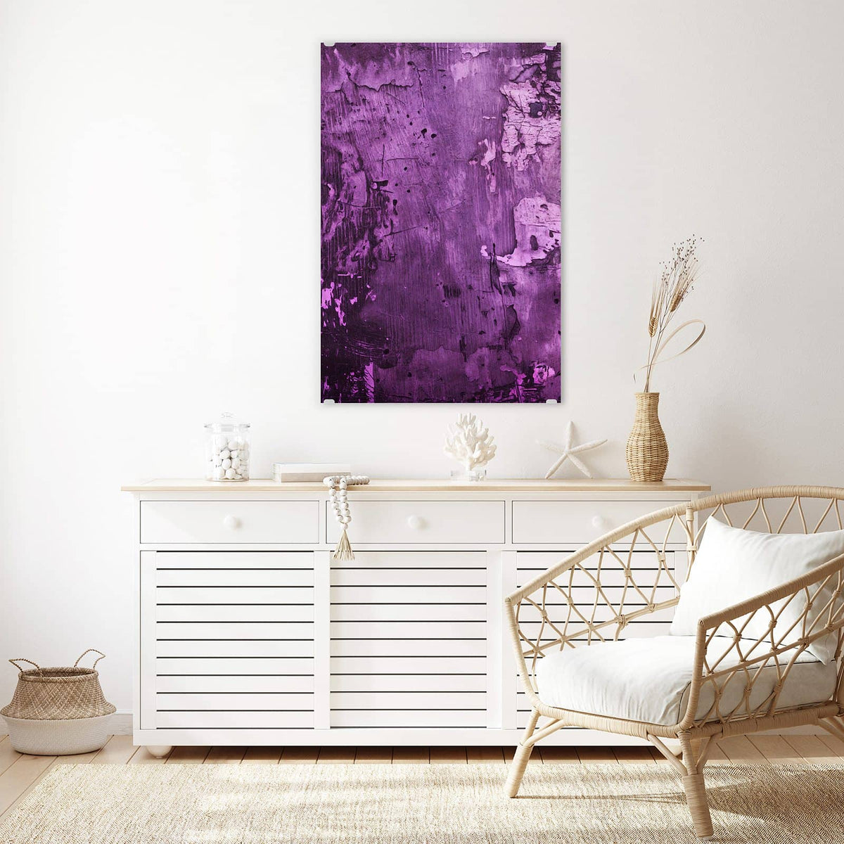 Glasbild Violetter Putz an der Wand – Raue Wandfläche in Violett und Magenta mit hellen Abplatzungen