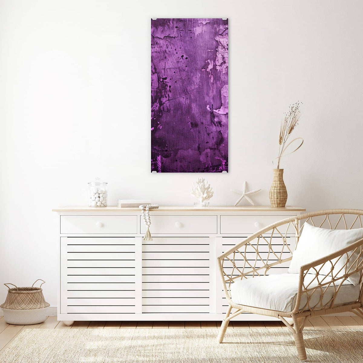 Glasbild Violetter Putz an der Wand – Raue Wandfläche in Violett und Magenta mit hellen Abplatzungen