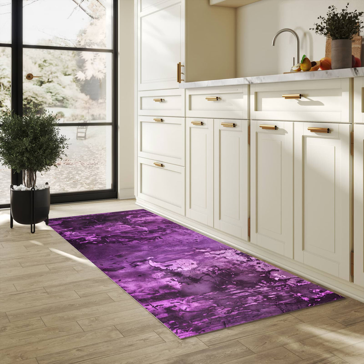 Hygienischer Küchenteppich mit Motiv Abstrakte Wand in heller Küche