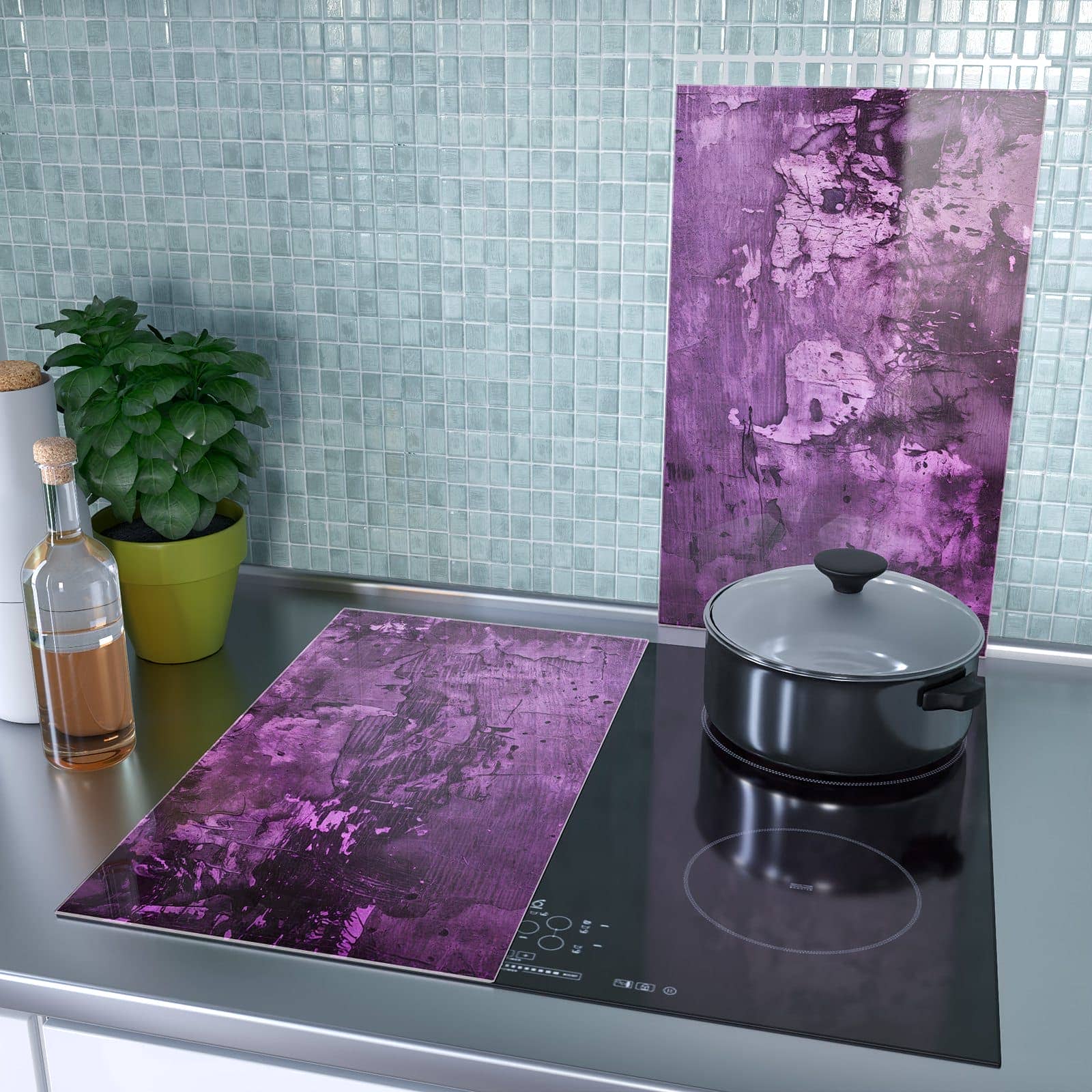 2-teilige Herdabdeckplatte aus Glas mit Abstrakte Wand-Motiv als Spritzschutz hinter dem Kochfeld