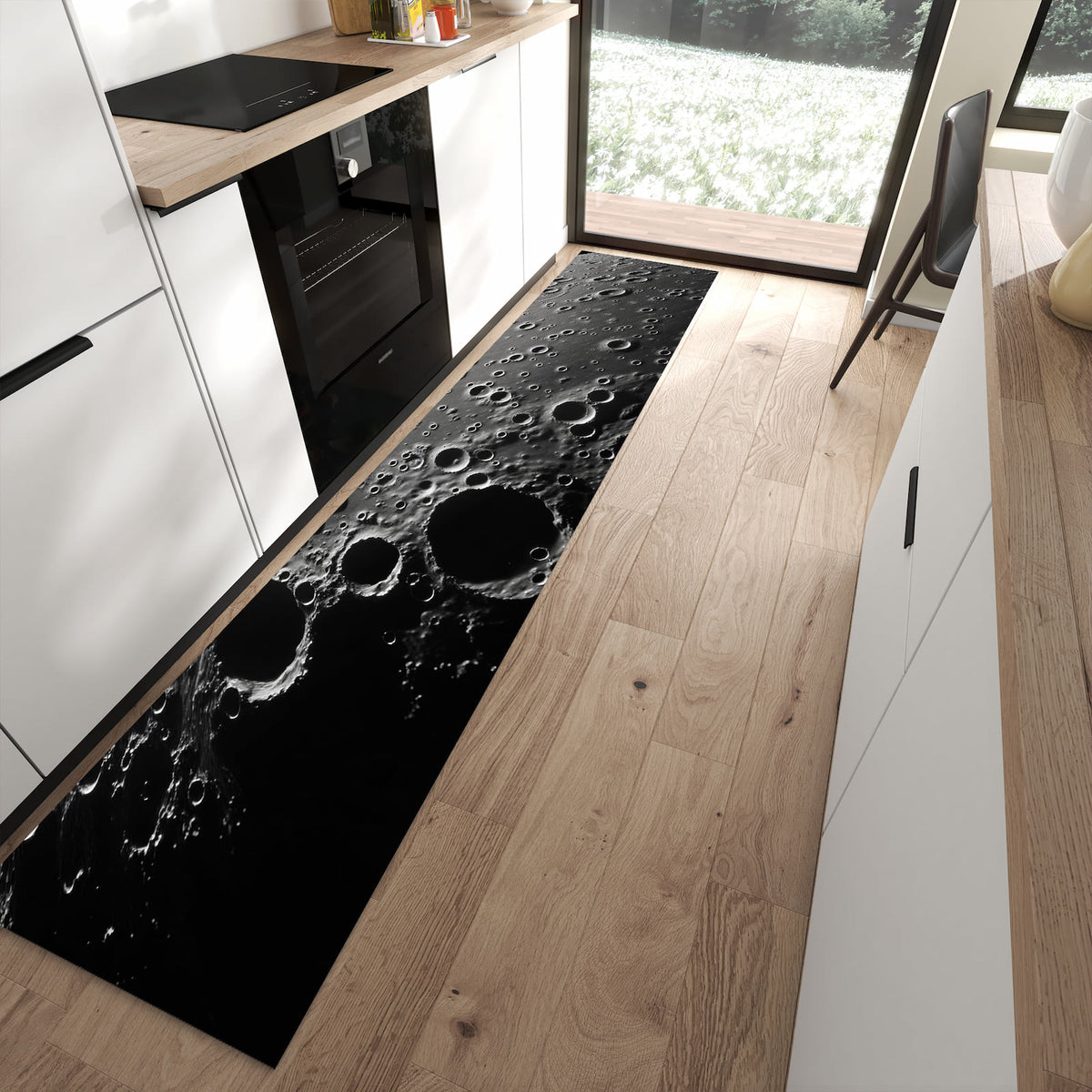 Wasserabweisender Teppich für Esstisch mit Motiv Mondoberfläche in moderner Küche