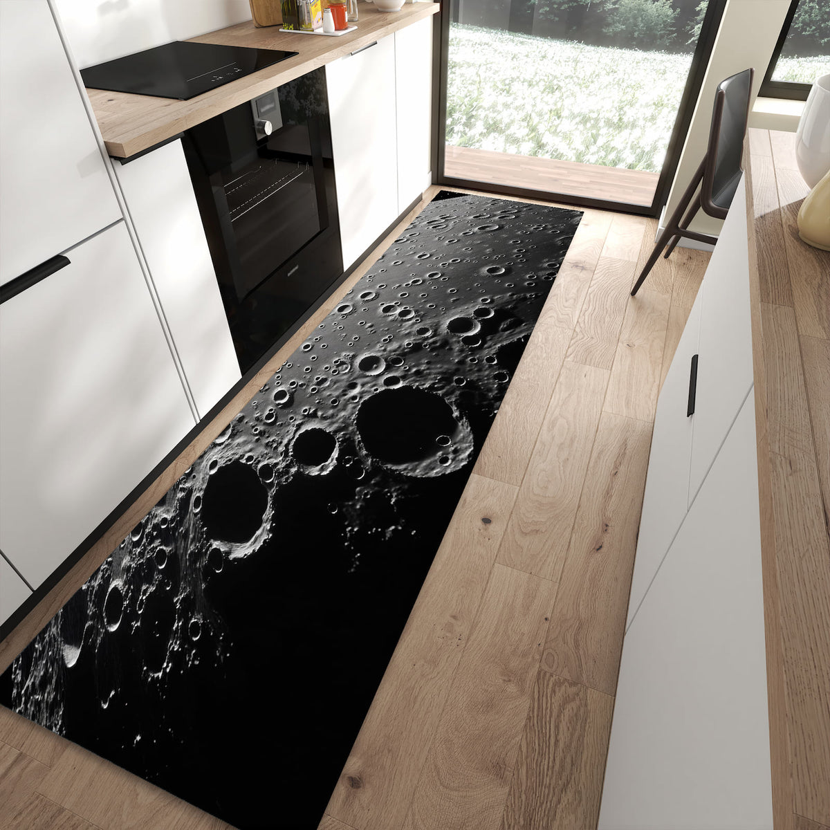 Flacher Küchenteppich mit Motiv Mondoberfläche in moderner Küche - waschbar