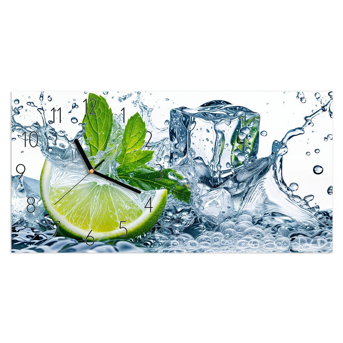 Wanduhr Limettenspritzer aus Glas – Querformat 60 × 30 cm mit Ziffernblatt Elegant