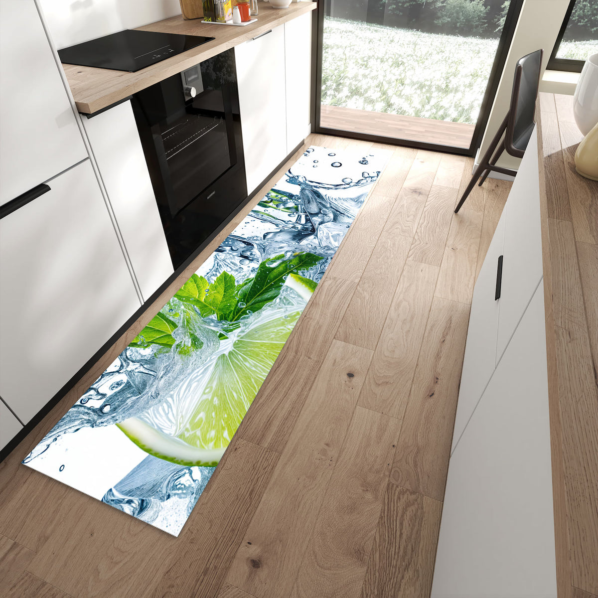 Langlebiger Küchenvorleger mit Motiv Limettenspritzer in moderner Küche
