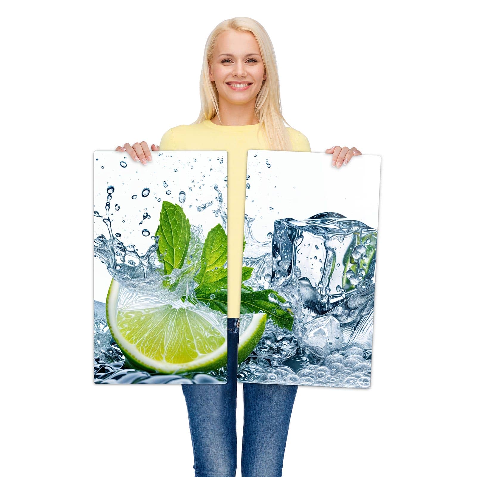 2-teilige Herdabdeckplatte mit Limettenspritzer-Motiv wird zur Größendarstellung gehalten