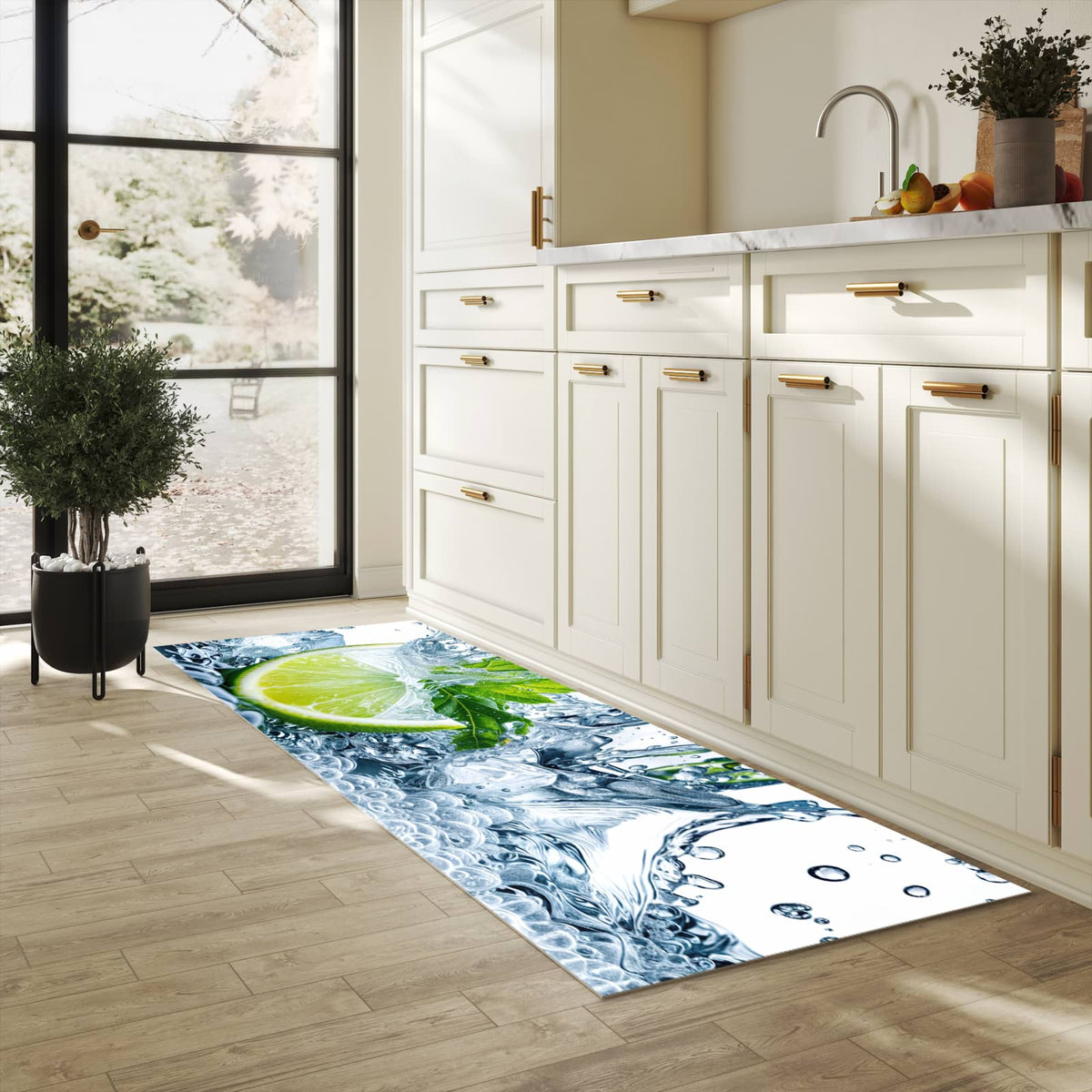 Waschbarer Teppich fürs Esszimmer mit Motiv Limettenspritzer in heller Küche