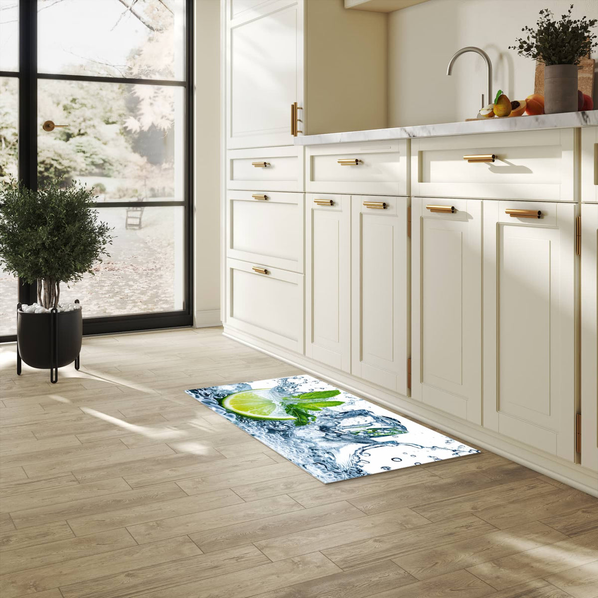 Fleckenresistenter waschbarer Läufer mit Motiv Limettenspritzer in heller Küche