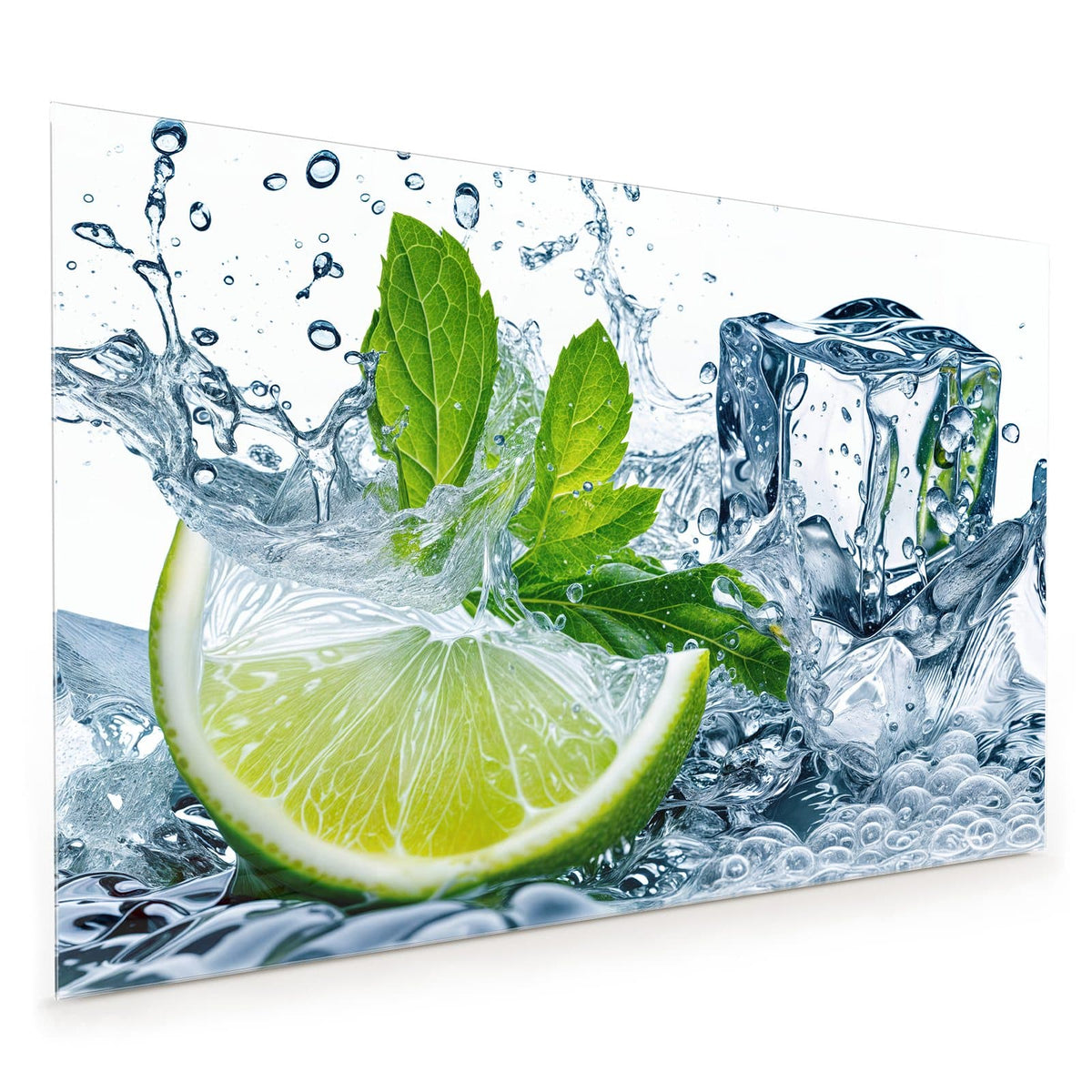 Küchenrückwand aus Glas im Hochformat mit Motiv Limette mit Minze: Limettenschnitz mit Minzblättern und Eiswürfeln im aufspritzenden Wasser
