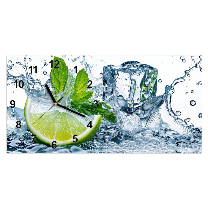 Wanduhr Limettenspritzer aus Glas – Querformat 60 × 30 cm mit Ziffernblatt Modern