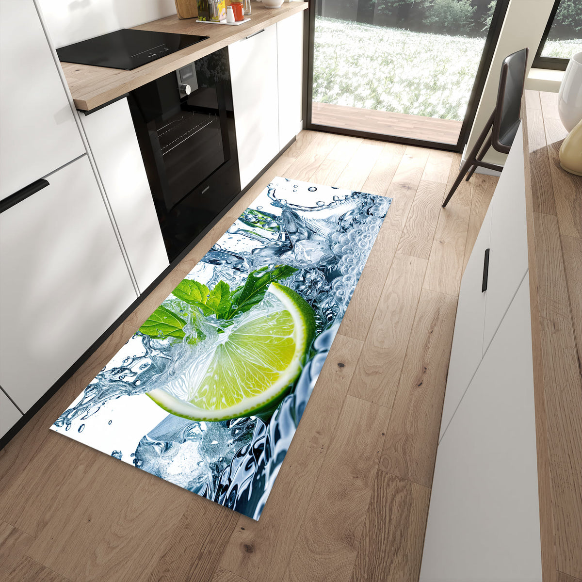 Bodenschonender Küchenteppich mit Motiv Limettenspritzer in moderner Küche